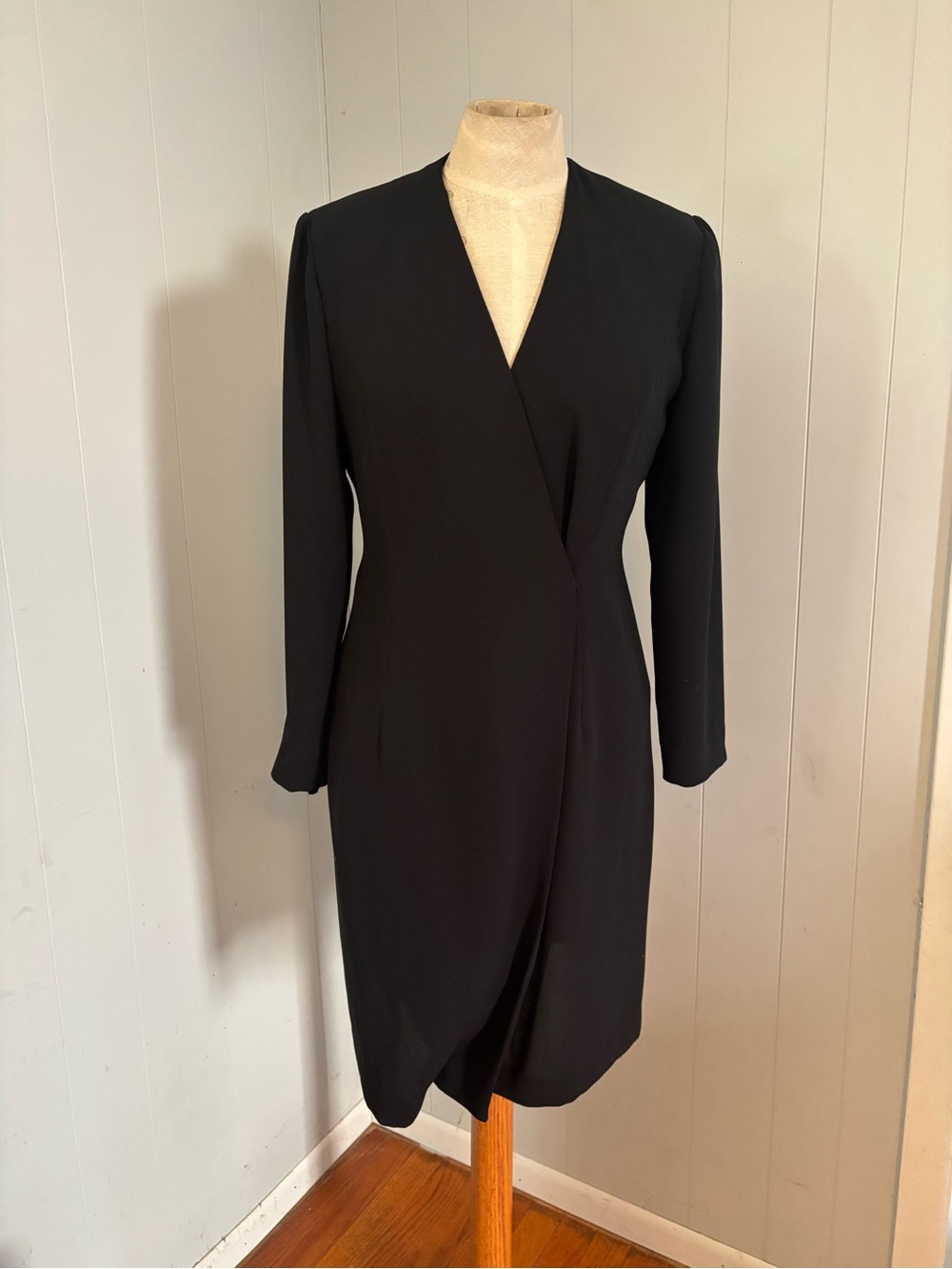 Vintage Warren Petites Black Wrap Tuxedo Dress Size 6 Long Sleeve